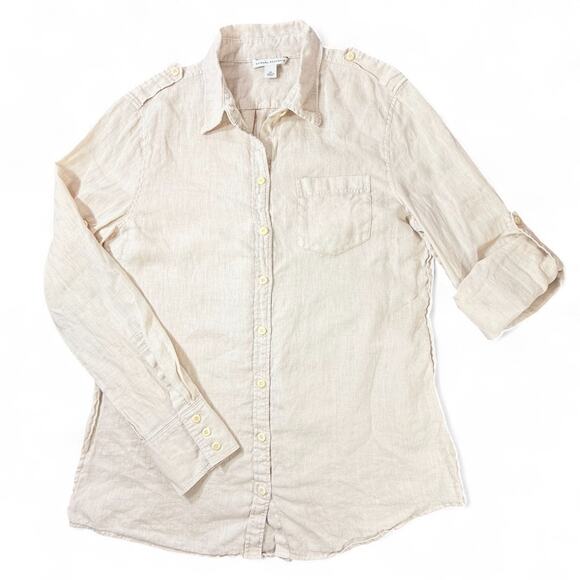 Banana Republic Vintage Linen Button Up Shirt Womens M Safari Utility Y2K Beige - Picture 1 of 9